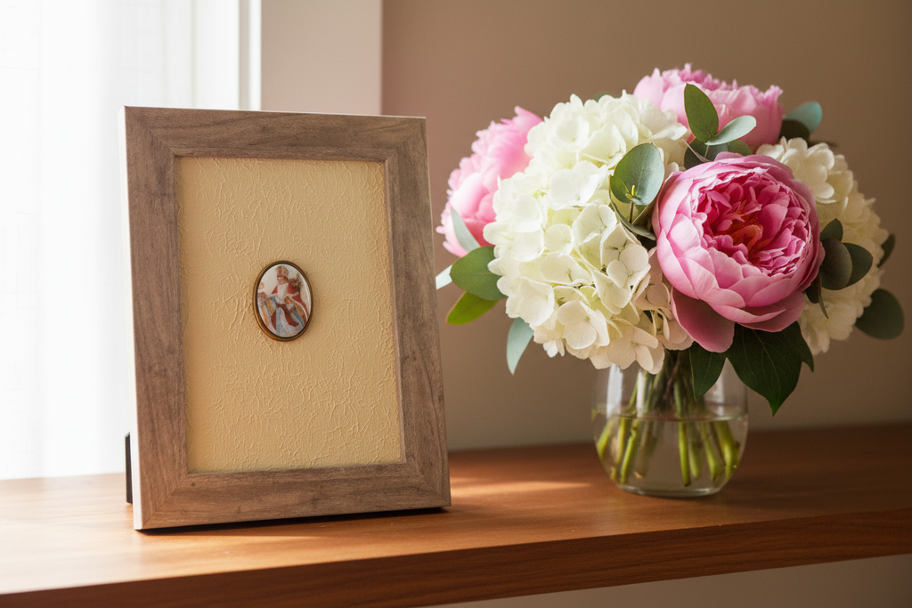 Framed oval artwork with a detailed design on a textured beige background