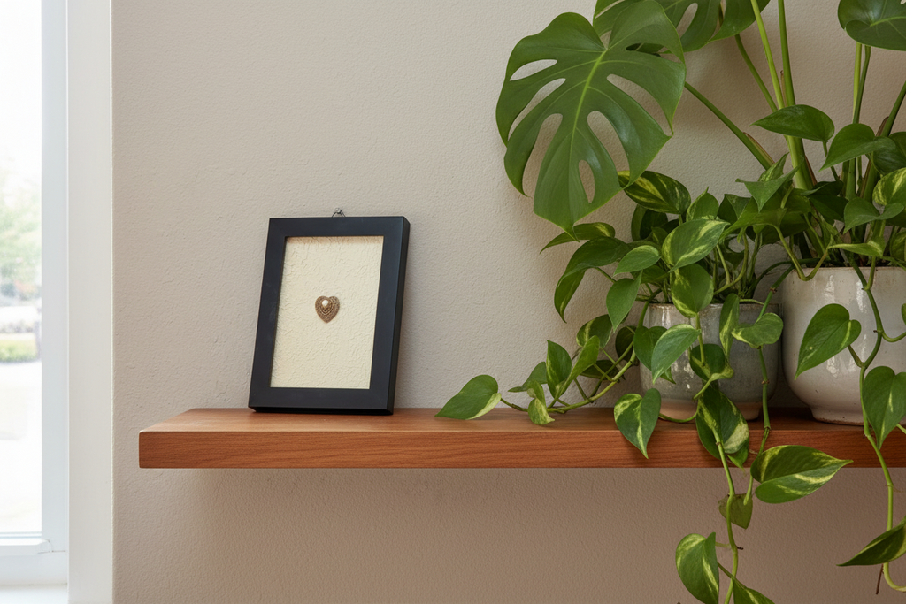 Heart-shaped antique brooch on textured beige canvas in a black frame