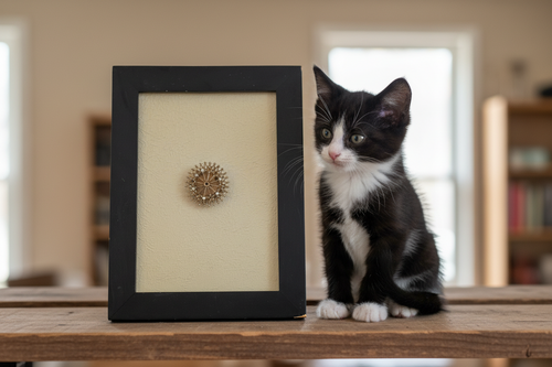 Framed artwork of a missing wheel of time brooch on textured beige canvas in a black 5 x 7 in frame