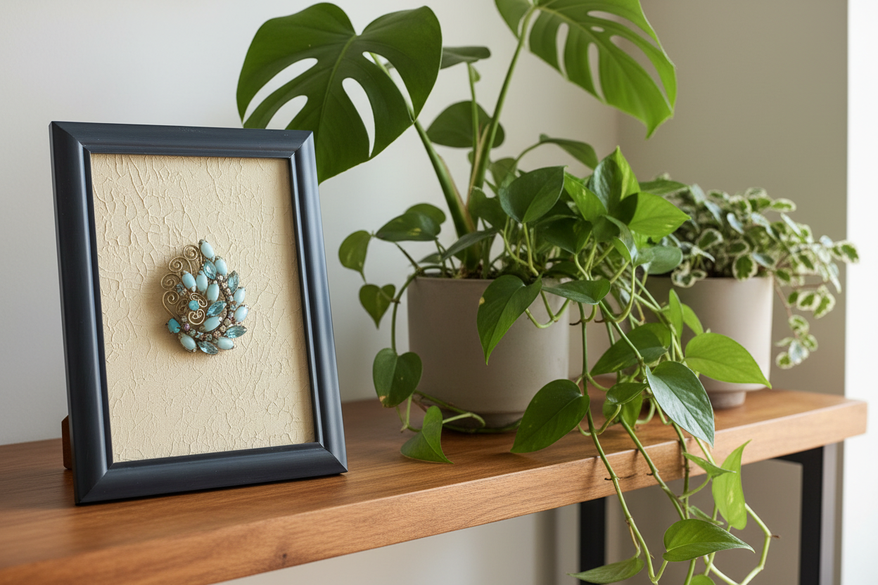 Framed brooch with turquoise stones on a textured beige background