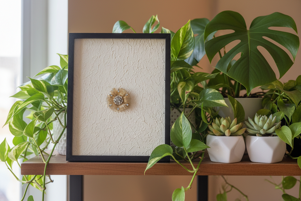 Gold brooch with gemstones in a dark 8 x 11 in frame on a textured canvas background