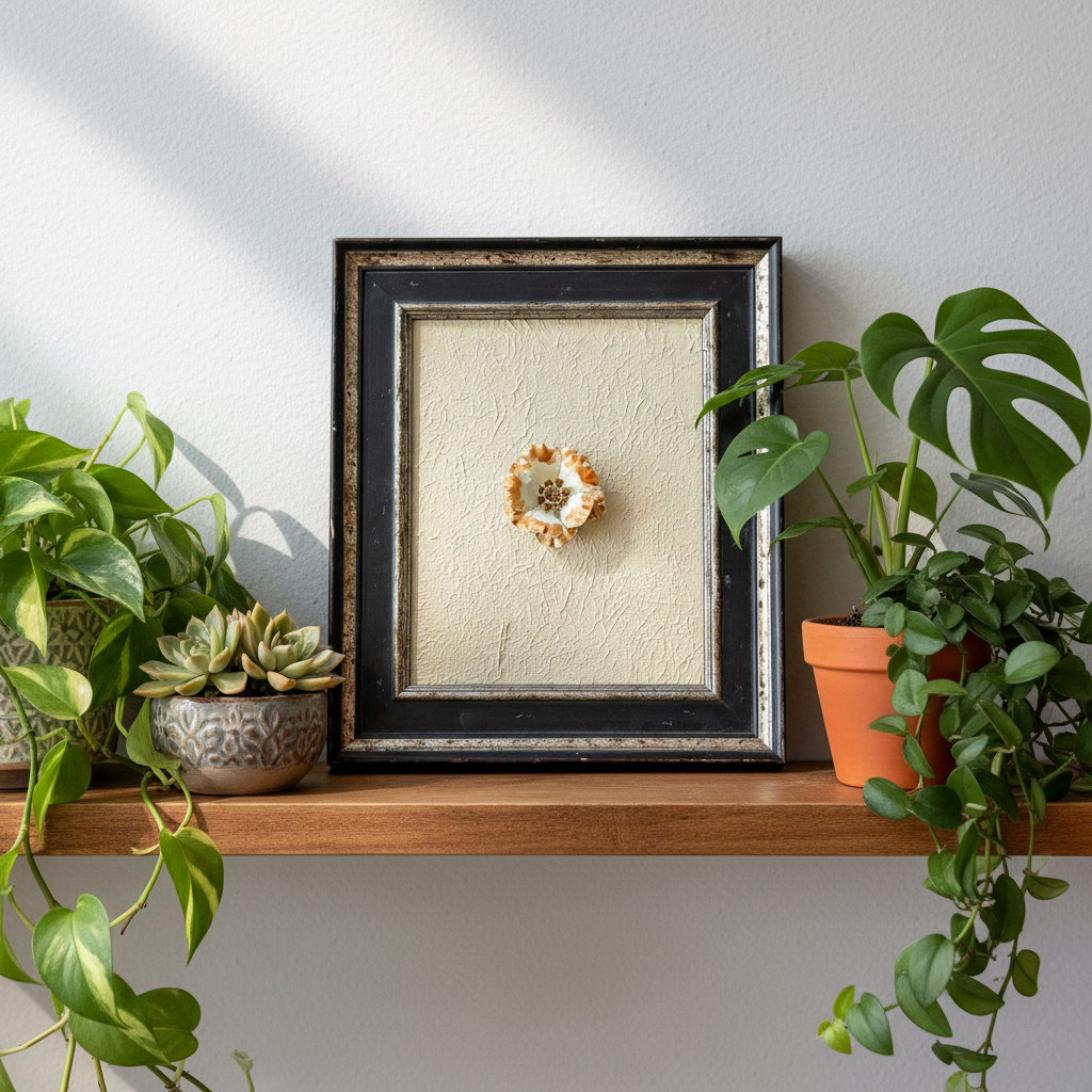 Framed orange flower brooch on textured beige canvas 
