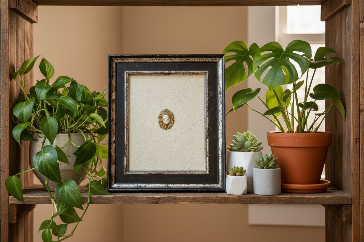 Framed decorative antique brooch on textured beige canvas 8 x 11 in 