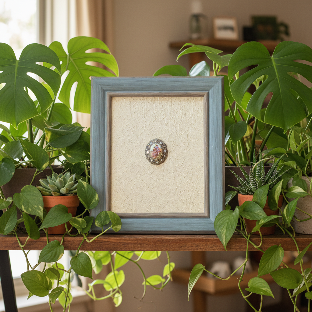 Framed decorative brooch with a textured beige background